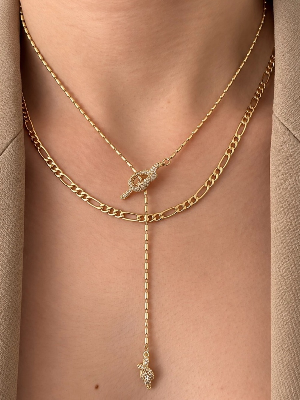 14K Gold Tone Rhodium Plated CZ Knot Lariat Necklace Adjustable Women Jewelry